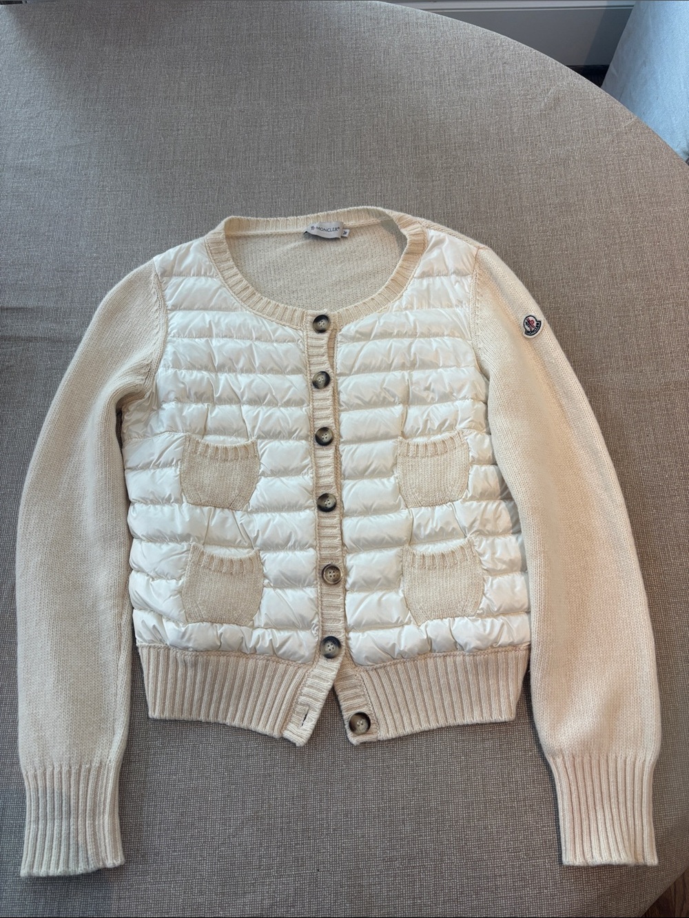 Moncler Cream Quilted Front Knit-Sleeve Cardigan